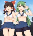  2girls :o ;d alternate_costume ass_visible_through_thighs bare_shoulders bike_shorts black_hair blue_eyes blue_skirt bow breasts cameltoe collarbone commentary_request cowboy_shot crop_top frilled_bow frills frog_hair_ornament green_hair green_scrunchie hair_bow hair_ornament hair_tubes hakurei_reimu hand_on_hip hand_up highres kochiya_sanae large_breasts long_hair looking_at_viewer medium_breasts midriff miyo_(ranthath) multiple_girls navel one_eye_closed open_mouth outdoors panties red_bow sailor_collar scrunchie silhouette skirt sleeveless smile snake_hair_ornament thigh_gap touhou underboob underwear w white_panties wrist_scrunchie yellow_eyes 