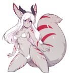  1girl animal_ears animal_nose bikini black_horns breasts colored_skin commentary english_commentary furry grey_skin highres horns long_hair medium_breasts navel original purple_eyes simple_background slugbox snout solo swimsuit tail thighs white_background white_bikini white_hair 