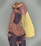  absurd_res anthro big_butt blush brown_body brown_fur butt butt_cleavage clothing eyebrows female fur gradient_background grey_background hair hi_res lagomorph legwear leporid looking_at_viewer looking_back mammal mega_evolution mega_lopunny nintendo pok&eacute;mon pok&eacute;mon_(species) pseudo_clothing rear_view red_eyes simple_background skindentation solo stockings tail_tuft tight_clothing tights tuft umbra_draws video_games 