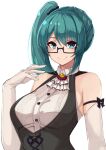  .live 1girl arm_strap armpit_crease ascot bare_shoulders black-framed_eyewear black_vest breasts buttons collared_shirt elbow_gloves glasses gloves green_eyes green_hair hair_ornament hair_scrunchie hand_up highres idashige_(walkietalkie) kagura_suzu_(.live) long_hair looking_at_viewer looking_over_eyewear medium_breasts scrunchie semi-rimless_eyewear shirt side_ponytail simple_background sleeveless sleeveless_shirt smile solo under-rim_eyewear upper_body vest virtual_youtuber white_background white_gloves white_shirt 