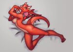  anthro bed blue_eyes breasts dragon female furniture horn igazella_(oc) looking_at_viewer membrane_(anatomy) membranous_wings orange_body pinup pose red_body scalie simple_background smile solo twintailsfox wings 