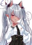  animal_ears blue_archive cat_ears commentary_request dark_skin dark_skinned_female embarrassed fake_animal_ears hair_over_one_eye halo highres iori_(blue_archive) long_hair necktie pointy_ears red_eyes sese_nagi silver_hair simple_background tan twintails white_background 