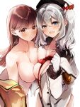  2girls asymmetrical_docking blue_eyes breast_press breasts brown_eyes brown_hair cleavage commentary_request gloves jacket kantai_collection kashima_(kancolle) large_breasts long_hair long_sleeves looking_at_viewer multiple_girls nanahamu neckerchief no_bra ooi_(kancolle) red_neckwear remodel_(kantai_collection) sidelocks silver_hair simple_background twintails undressing upper_body wavy_hair white_background white_gloves white_jacket 