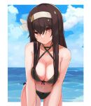  .live 1girl bare_arms bare_shoulders bikini breasts brown_hair choker cleavage collarbone cowboy_shot criss-cross_halter expressionless front-tie_bikini front-tie_top green_bikini green_choker hair_between_eyes hairband halter_top halterneck highres idashige_(walkietalkie) large_breasts leaning_forward long_hair looking_at_viewer navel ocean outdoors outside_border red_eyes side-tie_bikini solo standing stomach string_bikini swimsuit thighs virtual_youtuber wet yaezawa_natori 