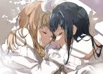  2girls bare_shoulders blonde_hair blue_hair closed_eyes closed_mouth faux_traditional_media hair_ribbon hands_on_another&#039;s_face hibike!_euphonium highres kataru_(ubw-emiya) long_hair lying multiple_girls on_side parted_lips ribbon shadow smile strapless sweater white_ribbon white_sweater yoroizuka_mizore yoshikawa_yuuko yuri 