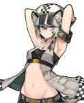  1girl animal_ear_fluff animal_ears arknights armband armpits arms_behind_head arms_up bandeau bare_shoulders belt beret blue_eyes cliffheart_(arknights) crop_top groin hat highres idashige_(walkietalkie) jewelry leopard_ears leopard_tail looking_at_viewer midriff multicolored_hair navel necklace revealing_clothes short_hair simple_background sleeveless smile solo stomach tail two-tone_hair upper_body white_background white_hair white_headwear 