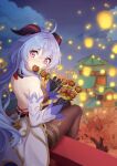  1girl backless_leotard bare_shoulders black_legwear blue_hair blush bow breasts building cloud food food_in_mouth ganyu_(genshin_impact) genshin_impact gloves hair_bow highres holding holding_food horns lantern lantern_festival leotard long_sleeves looking_back meemo night night_sky pantyhose purple_eyes rooftop sideboob sitting sky solo sweatdrop tree 