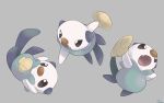  absurdres commentary fang gen_5_pokemon grey_background highres holding multiple_views no_humans open_mouth oshawott ouran pokemon pokemon_(creature) seashell shell simple_background tongue 