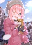  1girl :d absurdres animal blue_eyes blurry blurry_foreground blush breath cherry_blossoms collar day depth_of_field dog file112056 gloves hat highres holding holding_animal huge_filesize jacket kagamihara_nadeshiko one_eye_closed open_mouth outdoors pink_hair puppy sky smile tongue tongue_out winter_clothes yurucamp 