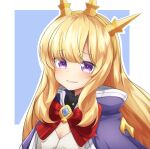  1girl blue_background border bow bowtie breasts cagliostro_(granblue_fantasy) cape cleavage crown granblue_fantasy highres klaius long_hair looking_at_viewer outline parted_lips purple_cape purple_eyes red_bow red_neckwear small_breasts smile solo white_border white_outline 