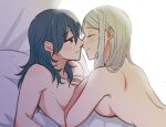  2girls bangs bed_sheet blue_eyes blue_hair blush breasts byleth_(fire_emblem) byleth_(fire_emblem)_(female) closed_eyes commentary_request couple edelgard_von_hresvelg eyebrows_visible_through_hair fire_emblem fire_emblem:_three_houses from_side hair_behind_ear hair_between_eyes hand_on_another&#039;s_chest imminent_kiss long_hair looking_at_another lying medium_breasts multiple_girls nude parted_lips riromomo shadow sidelocks simple_background smile upper_body white_background white_hair yuri 