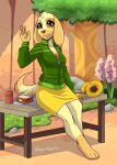  animal_crossing anthro beagle canid canine canis clothing domestic_dog female fur gloves_(marking) goldie_(animal_crossing) hi_res hunting_dog keisha_makainn leg_markings mammal markings nintendo outside picnic scent_hound socks_(marking) solo video_games yellow_body yellow_fur 