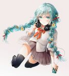  1girl aoi_yuki aqua_eyelashes aqua_eyes aqua_hair bangs black_footwear black_legwear bow bowtie braid brown_skirt closed_mouth eyebrows_visible_through_hair flower hair_flower hair_ornament hair_ribbon hatsune_miku headphones headphones_around_neck highres holding holding_headphones holding_phone long_hair looking_at_viewer phone pleated_skirt polka_dot polka_dot_bow polka_dot_neckwear red_bow red_neckwear red_ribbon ribbon shirt skirt smile solo thighhighs twin_braids very_long_hair vocaloid white_shirt 