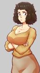  1girl big_hair black_hair breasts brown_skirt brown_sweater chief_(91m10) cleavage collarbone crossed_arms grey_background grey_eyes highres kawakami_sadayo large_breasts lips long_skirt looking_at_viewer persona persona_5 pout skirt solo standing sweater v-neck 