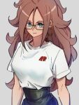  1girl alternate_costume android_21 blue_eyes closed_mouth dragon_ball dragon_ball_fighterz earrings glasses grey_background hair_between_eyes hoop_earrings jewelry kemachiku long_hair looking_at_viewer red_hair red_ribbon_army shirt short_sleeves simple_background smile solo white_shirt 