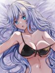  1girl aisu_(icicleshot) bare_shoulders black_heart blue_eyes breasts from_above highres long_hair looking_at_viewer lying medium_breasts navel neptune_(series) on_back on_bed open_mouth power_symbol solo symbol-shaped_pupils white_hair 