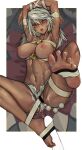  1girl absurdres anal_beads armpits arms_up bangs bar_censor beltbra blank_censor border bound bound_arms breasts censored chromatic_aberration collarbone crying crying_with_eyes_open cum cum_on_body cum_string dark_skin dark_skinned_female feet footjob guilty_gear guilty_gear_xrd hair_between_eyes highres lactation long_hair medium_breasts navel nipples open_fly orange_eyes outside_border penis ramlethal_valentine restrained saliva sex_toy short_shorts shorts soles solo_focus spread_legs tears toes toned tongue tongue_out upper_teeth westking white_border white_hair white_shorts 