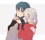  2girls bangs blue_eyes blue_hair blush byleth_(fire_emblem) byleth_(fire_emblem)_(female) closed_eyes closed_mouth clothing_cutout collar commentary_request couple dress edelgard_von_hresvelg eyebrows_visible_through_hair fire_emblem fire_emblem:_three_houses from_behind grey_background hair_between_eyes hand_on_another&#039;s_shoulder holding_hands jacket jacket_on_shoulders long_hair long_sleeves looking_at_another looking_back multiple_girls puffy_long_sleeves puffy_sleeves red_dress riromomo simple_background smile upper_body white_hair yuri 