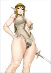  absurd_res big_breasts breasts clothed clothing elf female hand_on_hip hi_res holding_object holding_sword holding_weapon humanoid melee_weapon not_furry simple_background solo sword uru weapon white_background 
