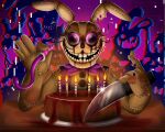  2020 anthro big_eyes big_mouth_(anatomy) big_teeth black_nose blood blood_on_cake blood_on_food blood_on_weapon blood_stain blood_stains bloody_knife bodily_fluids buckteeth cake candle candy chocolate chocolate_cake dessert fire five_nights_at_freddy&#039;s five_nights_at_freddy&#039;s_vr:help_wanted fnaf_vr_help_wanted food food_on_plate glitch glitchtrap hi_res holding_object holding_weapon knife lagomorph leporid long_ears long_whiskers looking_at_viewer lordofthefeathers male mammal multicolored_body multicolored_ears nightmare_fuel party_horn pink_background pink_sclera plate purple_background purple_eyes rabbit simple_background sitting solo stitch_(sewing) tan_body tan_ears teeth two_tone_body two_tone_ears video_games weapon whiskers wide_eyed 