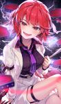  1girl blurry cross drum drumsticks electricity highres holding holding_drumsticks horikawa_raiko instrument jacket long_sleeves looking_at_viewer mitsudomoe_(shape) necktie open_clothes open_jacket open_mouth plaid plaid_shirt purple_neckwear red_eyes red_hair shirt short_hair single_strap smile solo syuri22 taiko_drum thigh_strap tomoe_(symbol) touhou wing_collar 