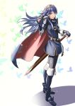  1girl absurdres armor bangs belt blue_dress blue_eyes blue_footwear bodysuit boots bug butterfly cape closed_mouth commentary_request dress falchion_(fire_emblem) fingerless_gloves fire_emblem fire_emblem_awakening full_body gloves gold_trim highres insect knee_boots long_hair looking_at_viewer lucina_(fire_emblem) mask mask_removed shadow sheath sheathed shiny shiny_hair shoulder_armor sidelocks solo sparkle sukkirito_(rangusan) tiara wrist_cuffs 