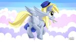  16:9 anus blonde_hair butt clothing cloud cutie_mark derpy_hooves_(mlp) digital_media_(artwork) equid equine feathered_wings feathers female feral friendship_is_magic genitals grey_body grey_skin hair hat headgear headwear hi_res mammal mouth_hold my_little_pony mysticalpha outside pegasus pussy signature solo three-quarter_view underhoof widescreen wings yellow_eyes yellow_tail 