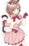  1girl absurdres animal_ears bell bow bowtie breasts brown_hair cat_ears claw_pose cleavage cosplay cowboy_shot detached_collar detached_sleeves dress drop_shadow frown gloves hair_ornament hairclip hand_up highres higuchi_madoka idolmaster idolmaster_shiny_colors kakeru_(fujiwara_kakeru) leg_garter medium_breasts mew_ichigo mew_ichigo_(cosplay) mole mole_under_eye pink_dress puffy_detached_sleeves puffy_sleeves purple_eyes red_bow red_gloves red_neckwear short_hair simple_background solo strapless strapless_dress sweatdrop tail tail_bell tail_bow tail_ornament tokyo_mew_mew white_background 