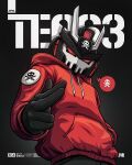  1boy character_name english_commentary finger_gun hand_in_pocket highres hood hoodie ivan_trabado jolly_roger looking_at_viewer looking_down no_humans original red_eyes red_hoodie robot second-party_source skull_and_crossed_swords solo spoken_skull teq63 v-fin 
