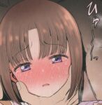  1girl blush brown_hair copyright_request crying crying_with_eyes_open dot_nose face_grab full-face_blush implied_rape looking_at_viewer mamerakkkkko purple_eyes reward_available short_hair solo tears 
