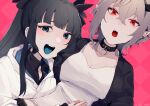  2girls artemis_of_the_blue atelier_live bangs black_choker blue_tongue breasts choker cleavage colored_tongue commission ear_piercing english_commentary eyebrows_behind_hair highres indie_virtual_youtuber long_hair medium_breasts mochi_(buchumi10) mole mole_under_eye multiple_girls open_mouth piercing pink_background pointy_ears rinkya second-party_source short_hair skeb_commission tank_top virtual_youtuber white_tank_top yuri 