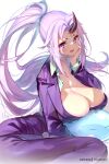 1girl 1other artist_name breasts cleavage commentary_request hong_(white_spider) horns large_breasts long_hair looking_at_viewer oni oni_horns open_mouth pants patreon_username purple_eyes purple_pants purple_suit rimuru_tempest shion_(tensei_shitara_slime_datta_ken) simple_background single_horn slime_(creature) smile tensei_shitara_slime_datta_ken white_background 