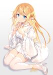  1girl blonde_hair blue_eyes bow braid dress fingers_together haishiki high_heels highres jewelry knees_together_feet_apart long_hair looking_at_viewer necklace original pointy_ears ribbon sitting solo thighhighs wariza white_dress 