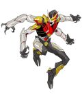  airborne dan_mora english_commentary extra_hands floating highres humanization leopardon looking_to_the_side open_hands power_armor science_fiction spider-man_(series) spider-man_(toei) superhero tokusatsu v-fin white_background yellow_eyes 