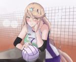 1girl bangs blonde_hair blush chascoby eyebrows_visible_through_hair highres looking_at_viewer mythra_(xenoblade) smile solo sportswear swept_bangs tiara volleyball volleyball_uniform xenoblade_chronicles_(series) xenoblade_chronicles_2 yellow_eyes 