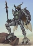  armor artist_name day dunbine holding holding_spear holding_weapon insect_wings maro-n mecha no_humans outdoors polearm seisenshi_dunbine solo spear standing weapon wings 
