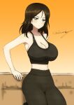  bangs bare_shoulders black_hair blue_eyes blush breasts bukkuri cleavage commentary_request girls_und_panzer highres large_breasts long_hair nonna_(girls_und_panzer) pants signature solo sports_bra swept_bangs thighs wall 
