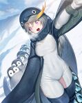  1girl animal_costume animal_hood bird bird_costume blonde_hair blush bodysuit breasts breath empress_(last_origin) eyebrows_visible_through_hair grey_hair highlights hood igloo kagimiya_mello last_origin long_hair looking_to_the_side multicolored_hair open_mouth penguin penguin_costume penguin_hood purple_eyes smile snow snow_shelter tundra 