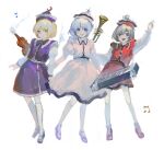  3girls :d arm_above_head blonde_hair blue_eyes breasts brown_eyes brown_hair closed_mouth commentary_request dress eyebrows_visible_through_hair floating_instrument full_body hat highres instrument juliet_sleeves keyboard_(instrument) kneehighs kusariuta light_blue_hair long_sleeves looking_at_viewer lunasa_prismriver lyrica_prismriver mary_janes merlin_prismriver multiple_girls musical_note open_mouth pink_headwear puffy_sleeves purple_dress purple_headwear red_dress red_headwear shoes short_hair siblings simple_background sisters small_breasts smile standing touhou trumpet v violin white_background white_dress white_legwear yellow_eyes 