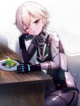  1girl alice_gear_aegis beans bodysuit cake closed_mouth commentary_request doyouwantto food fork looking_at_viewer necktie nikaido_tsukasa one_eye_closed purple_eyes signature sitting smile solo white_hair 