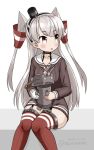  1girl amatsukaze_(kantai_collection) brown_dress brown_eyes commentary_request dress feet_out_of_frame garter_straps gloves hair_tubes hat kantai_collection long_hair looking_to_the_side masara_(masalucky2010) mini_hat red_legwear rensouhou-kun sailor_dress short_dress silver_hair simple_background single_glove sitting striped striped_legwear thighhighs two_side_up white_background white_gloves windsock 