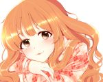  1girl :3 blush brown_eyes brown_hair commentary_request fujiwara_nao idolmaster idolmaster_cinderella_girls idolmaster_cinderella_girls_starlight_stage long_hair looking_at_viewer moroboshi_kirari solo sweater wavy_hair 