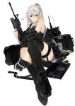  1girl artist_name assault_rifle bangs bare_shoulders black_footwear black_jacket black_shirt boots breasts brown_eyes closed_mouth explosive expressionless eyebrows_visible_through_hair full_body girls&#039;_frontline grenade grenade_launcher gun hair_between_eyes hair_ornament hairclip heterochromia highres holding holding_gun holding_weapon jacket jacket_removed jewelry long_hair looking_at_viewer m16 m16a1 m203 mechanical_arms mechanical_legs medallion necklace on_floor original ponytail red_eyes rifle scar scar_across_eye shirt silver_hair single_mechanical_arm single_mechanical_leg solo sutekina_awa thighs underbarrel_grenade_launcher weapon weapon_case white_background 