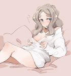  1girl absurdres blush breasts brown_hair chibikko_(morihito) highres long_hair morihito nipple_slip nipples original reclining sketch small_breasts solo sweater thick_eyebrows wavy_hair 