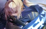  1girl black_gloves blonde_hair bow close-up commentary_request covered_mouth dark_skin dark_skinned_female fenrir_(fenlil0316) floating_hair gloves hair_bow half_gloves highres holding holding_knife holding_weapon hololive knife long_hair multicolored_hair multiple_sources partially_fingerless_gloves pointy_ears ponytail red_eyes scarf scarf_over_mouth shiranui_flare streaked_hair two-tone_hair virtual_youtuber weapon white_hair 