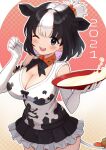 1girl 2021 ;d animal_ears animal_print bangs black_hair black_neckwear black_skirt blouse bob_cut bow bowtie breasts chinese_zodiac cleavage_cutout clothing_cutout collared_blouse commentary cow_ears cow_girl cow_print cow_tail cowboy_shot cup elbow_gloves eyebrows_visible_through_hair frilled_skirt frills gloves highres holding holding_cup holstein_friesian_cattle_(kemono_friends) kamuraaa_615 kemono_friends large_breasts looking_at_viewer milk miniskirt multicolored_hair one_eye_closed open_mouth outline print_blouse sakazuki short_hair skirt sleeveless_blouse smile solo spilling standing tail two-tone_hair white_blouse white_gloves white_hair white_outline year_of_the_ox 