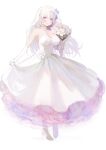  1girl bare_shoulders blush bouquet breasts bridal_veil collarbone dress dress_lift elbow_gloves flower g3_(girls_frontline) girls_frontline gloves high_heels highres large_breasts long_dress long_hair muike open_mouth platinum_blonde_hair purple_eyes smile solo strapless strapless_dress veil very_long_hair wedding_dress white_dress 
