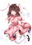  1girl :d animal_ears bangs black_footwear blush brown_eyes brown_hair bunny_ears bunny_pose bunny_tail carrot_necklace dress eyebrows_visible_through_hair floral_background full_body hair_between_eyes hands_up highres inaba_tewi looking_at_viewer medium_hair nanase_nao open_mouth pink_dress puffy_short_sleeves puffy_sleeves rabbit_girl ribbon-trimmed_dress shoes short_sleeves smile solo tail thighhighs touhou white_legwear 