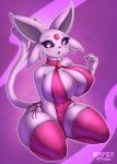  5_fingers anthro big_breasts blush breasts cleavage clothed clothing complextree dark_sclera dress eeveelution espeon eyebrows eyelashes female fingers hi_res leggings legwear looking_at_viewer nintendo open_mouth pink_body pok&eacute;mon pok&eacute;mon_(species) simple_background solo surprised_expression thick_thighs topwear video_games 