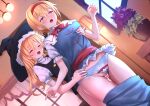 2girls alice_margatroid bangs blonde_hair blue_eyes blue_panties blue_shirt blue_skirt blush bottomless bow bow_panties braid breast_grab capelet censored closed_eyes clothed_sex commentary_request cum cum_in_pussy dutch_angle eyebrows_visible_through_hair futa_with_female futanari grabbing grabbing_from_behind hair_between_eyes hairband hand_on_another&#039;s_waist hat indoors kirisame_marisa mosaic_censoring multiple_girls overflow panties panties_aside penis plant potted_plant pussy pussy_juice red_hairband roke_(taikodon) sash sex sex_from_behind shirt short_hair short_sleeves skirt skirt_pull thigh_gap touhou underwear vaginal window witch_hat 
